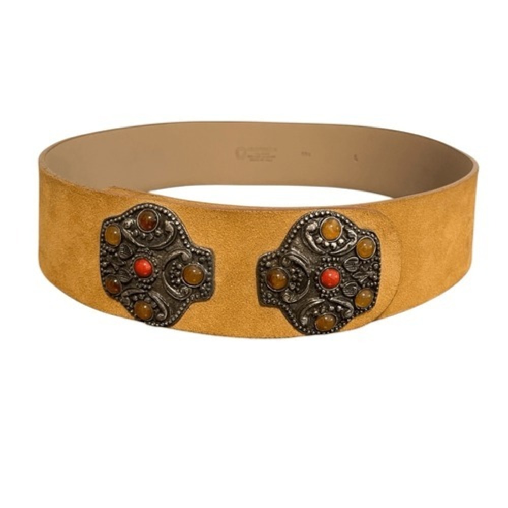 Brambilla Milano Tan Suede Wide Belt Italy Silver Filigree Cabochon Stones L